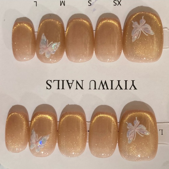 [M] 🦋 10Pcs Wearable Press on Nails Short Round Natural Golden Cat Eye Butterfly - Picture 2 of 5